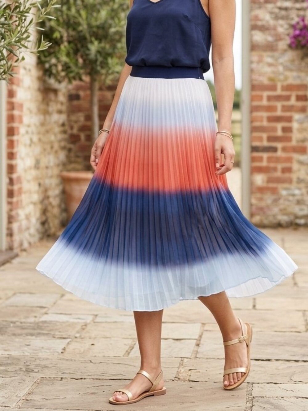 French Connection Ombre Pleated Chiffon Midi Skirt – Blue & Coral - Size 2
